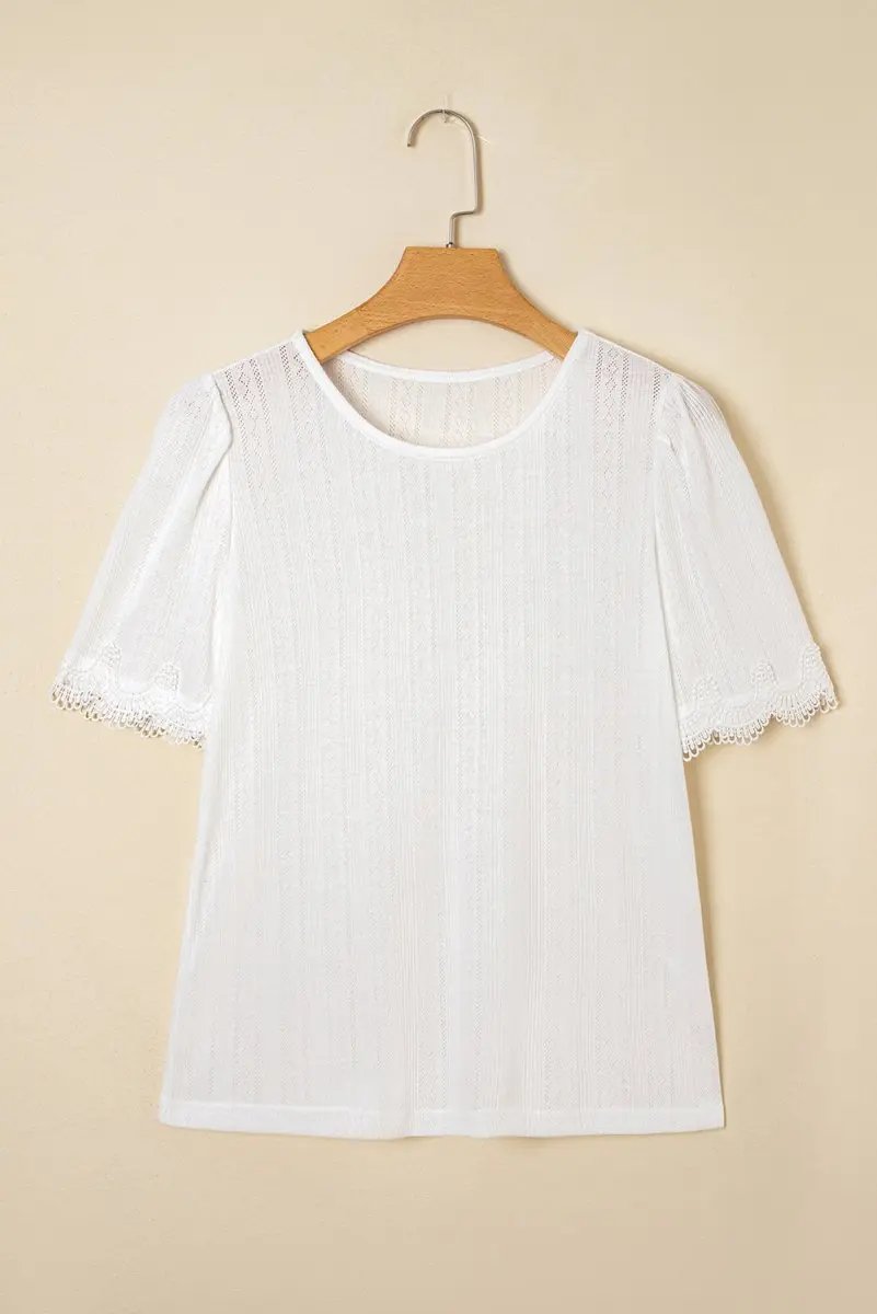 White Scalloped Lace Trim Jacquard Textured T Shirt for Women - Love Salve